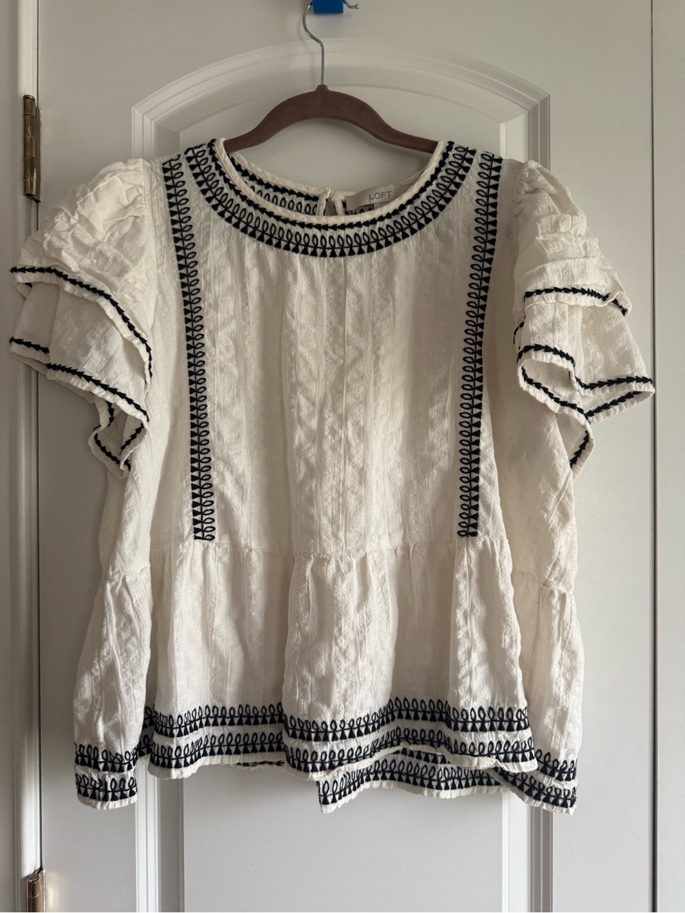 LOFT White Peasant Blouse with Black Embroidered Trim